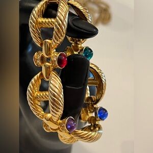 Vtg 80s cabochon Gems and Rhinestones Gilt metal rope twist link Bracelet